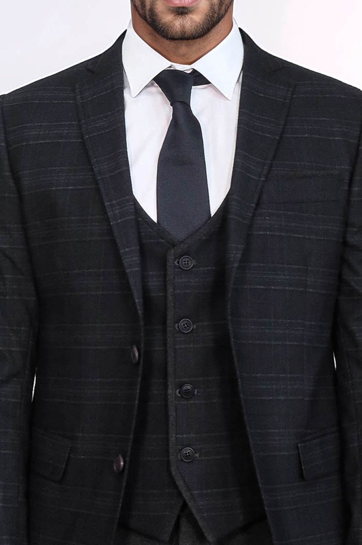 KOALA SYDNEY  Plaid 3 Piece Black Suit |