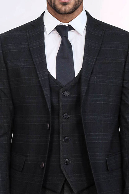 KOALA SYDNEY  Plaid 3 Piece Black Suit |
