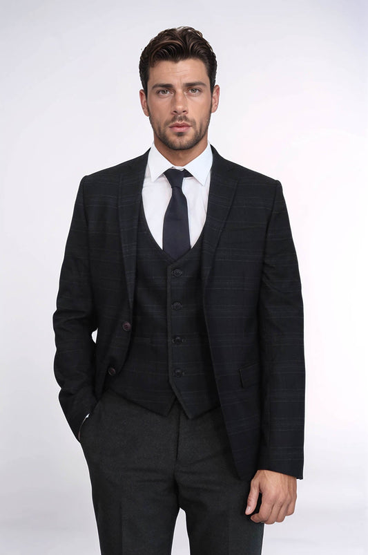 KOALA SYDNEY  Plaid 3 Piece Black Suit |