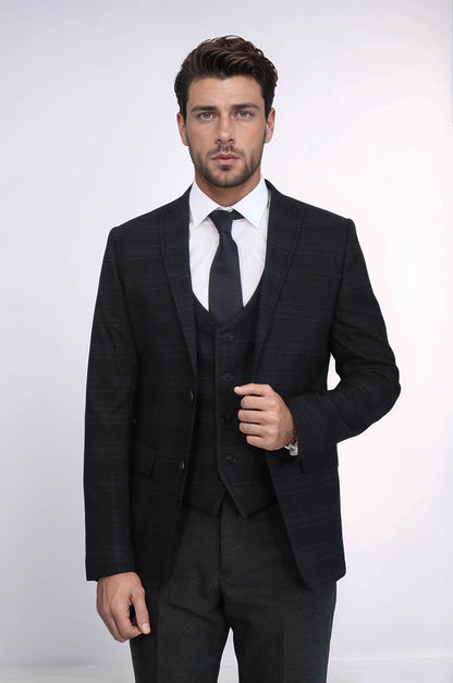KOALA SYDNEY  Plaid 3 Piece Black Suit |