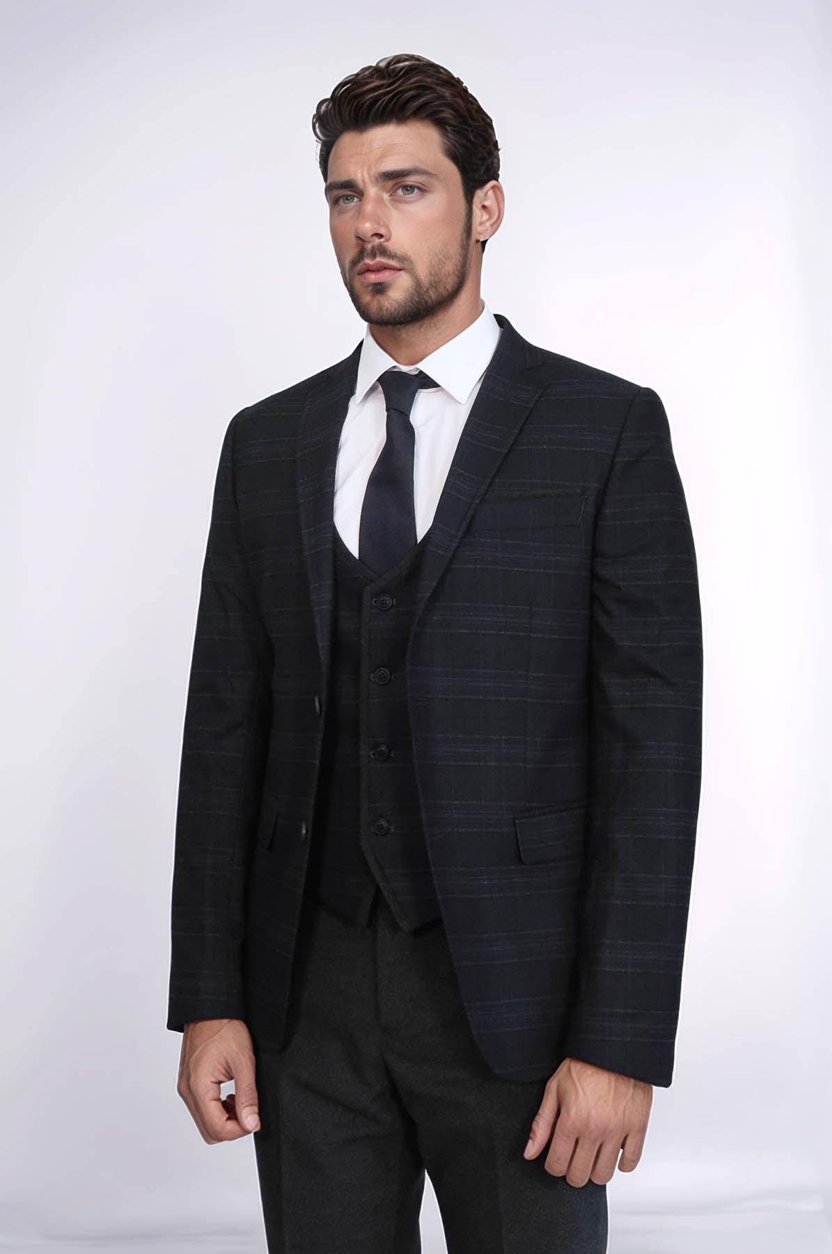 KOALA SYDNEY  Plaid 3 Piece Black Suit |