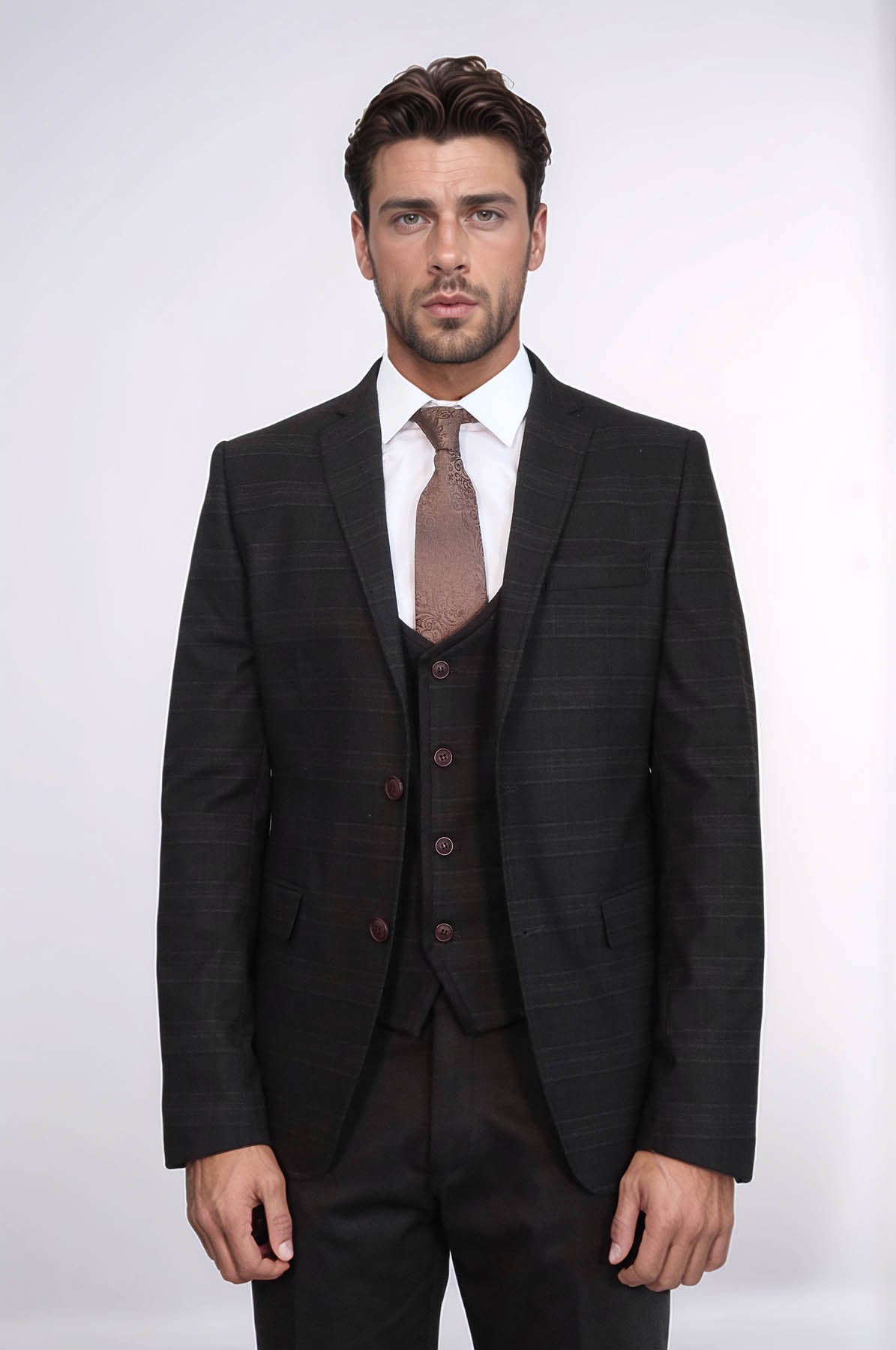 Brown Plaid Men's Winter 3 Piece Suit - Wessi