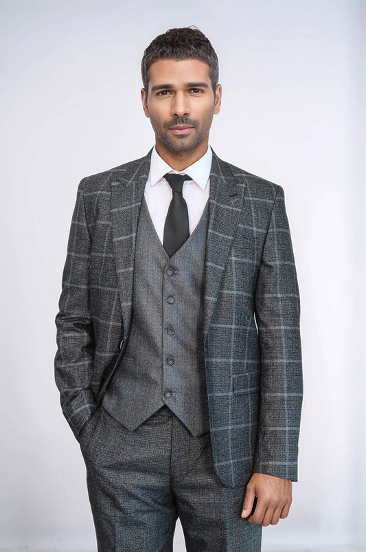 KOALA SYDNEY  Anthracite Blue Plaid 3 Piece Slim Fit Suit -