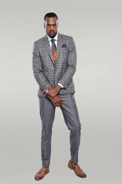 Orange Vested Checked Grey Men Suit -