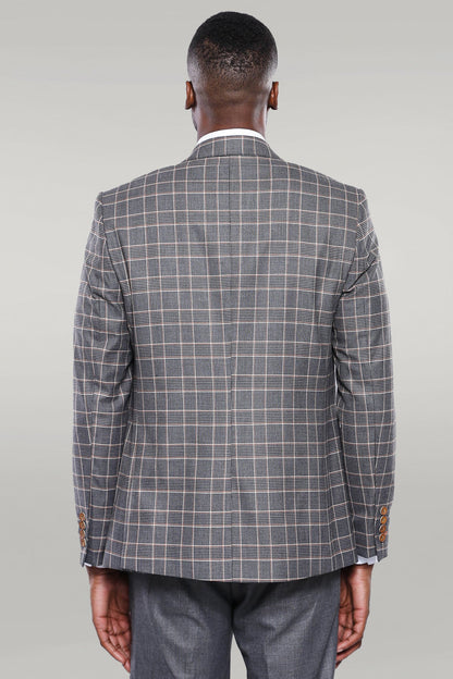 Orange Vested Checked Grey Men Suit -