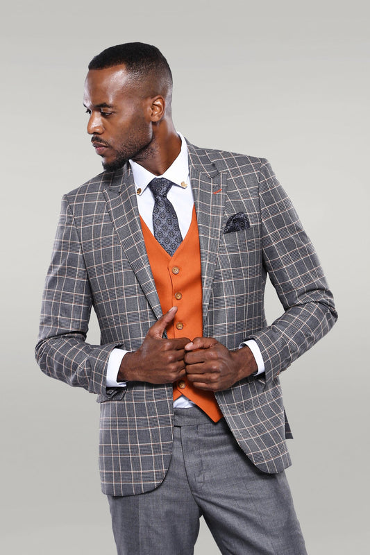 KOALA SYDNEY  Orange Vested Checked Grey Men Suit -