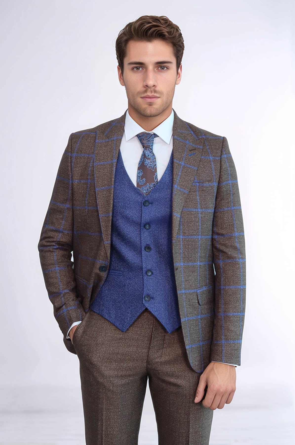 Brown Blue Checked Suit