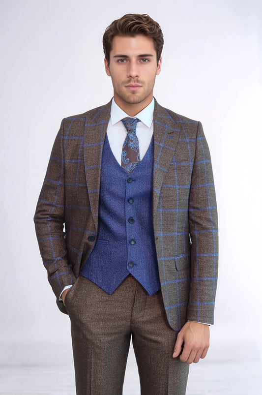 Brown Blue Checked Suit