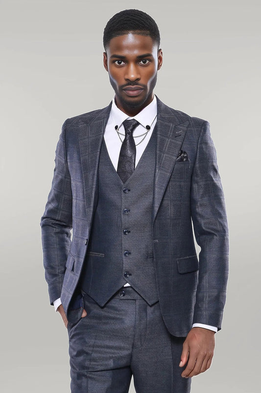 Navy Patterned Vested Suit |