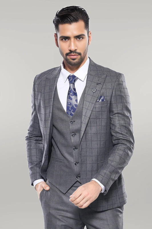 Grey Vested Checked Suit