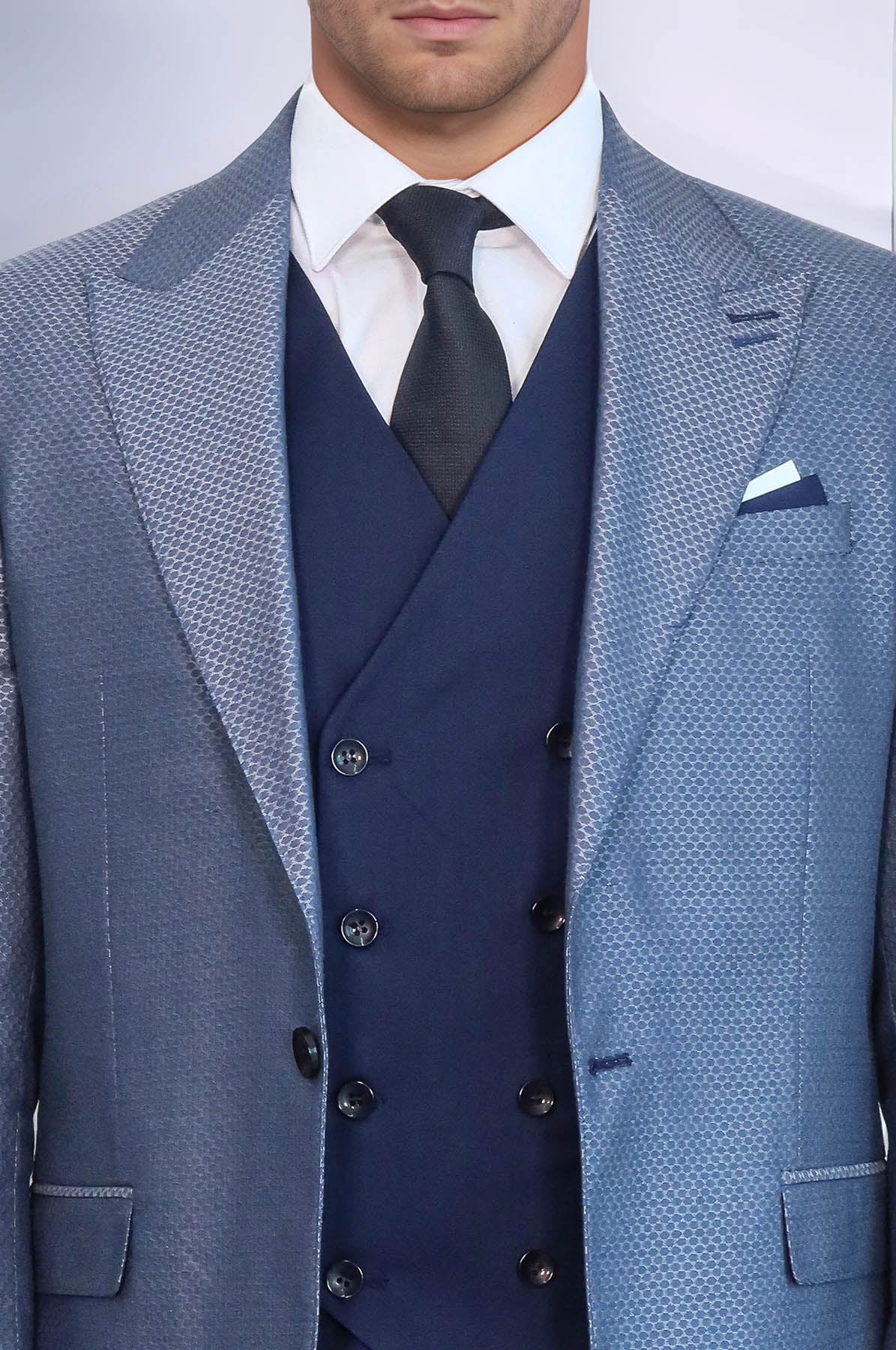 Navy Blue Self-Patterned Vested Suit
