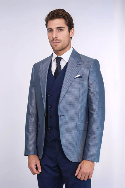 Navy Blue Self-Patterned Vested Suit