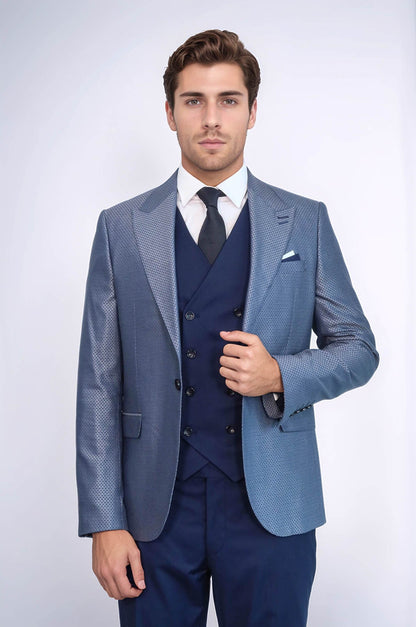 Navy Blue Self-Patterned Vested Suit