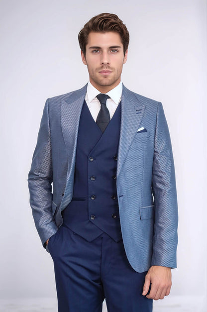 Navy Blue Self-Patterned Vested Suit