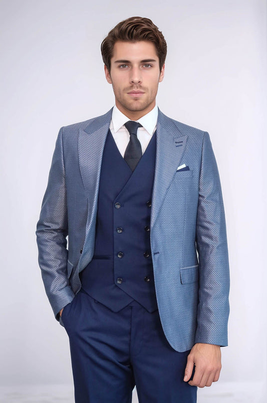 Navy Blue Self-Patterned Vested Suit