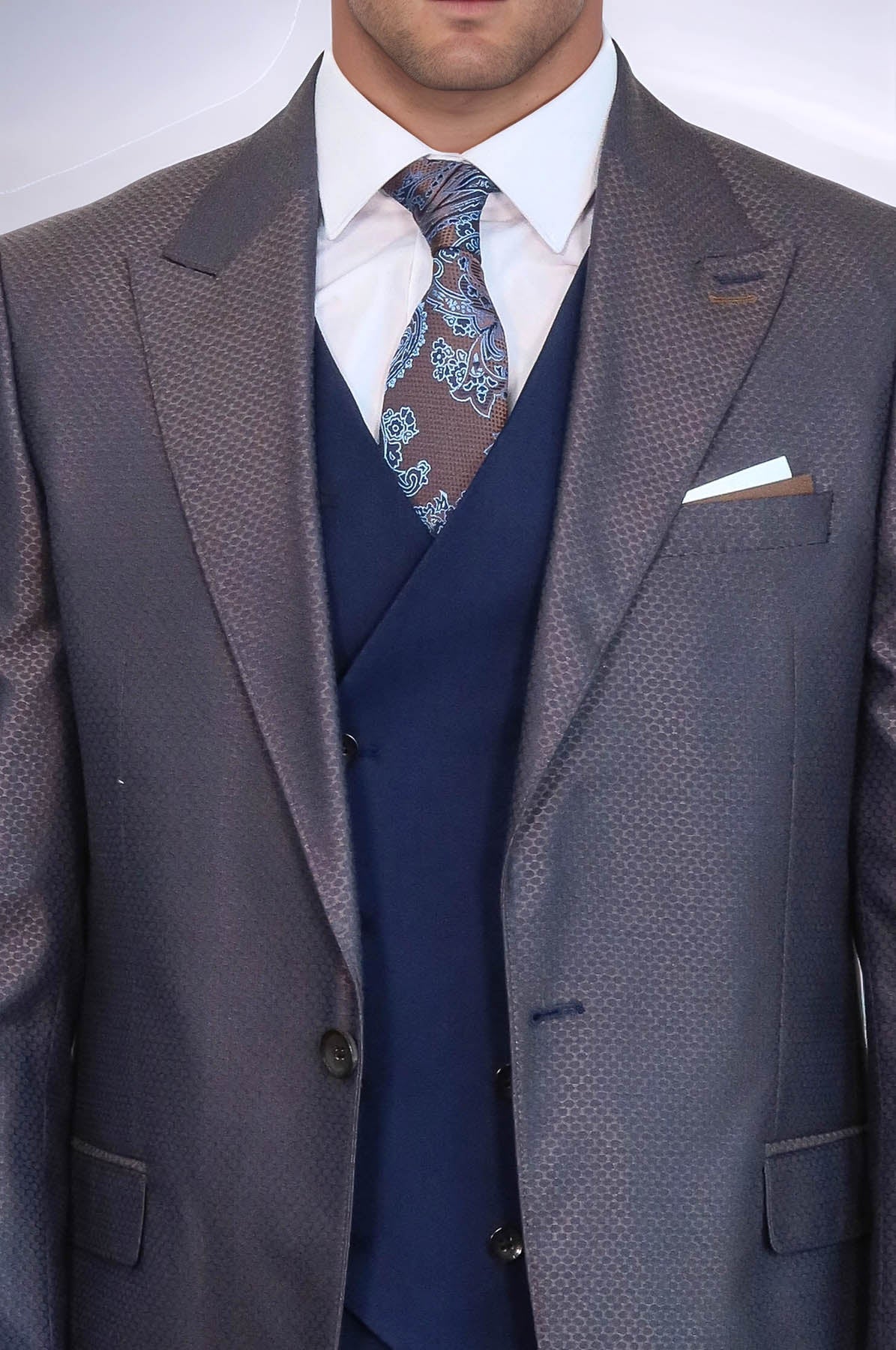 Patterned Navy Blue Brown Men Suit