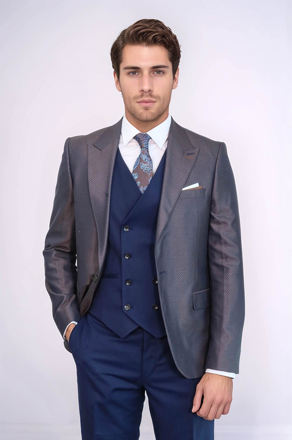 Patterned Navy Blue Brown Men Suit