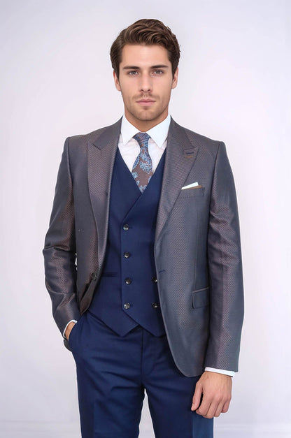 Patterned Navy Blue Brown Men Suit