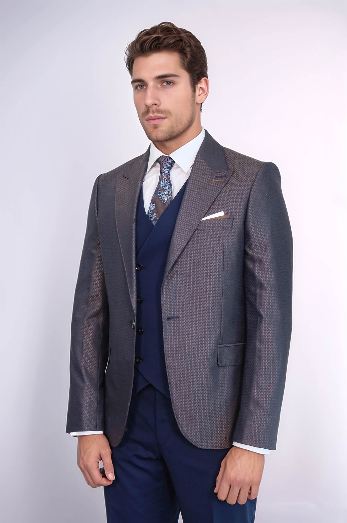 Patterned Navy Blue Brown Men Suit