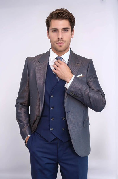 Patterned Navy Blue Brown Men Suit