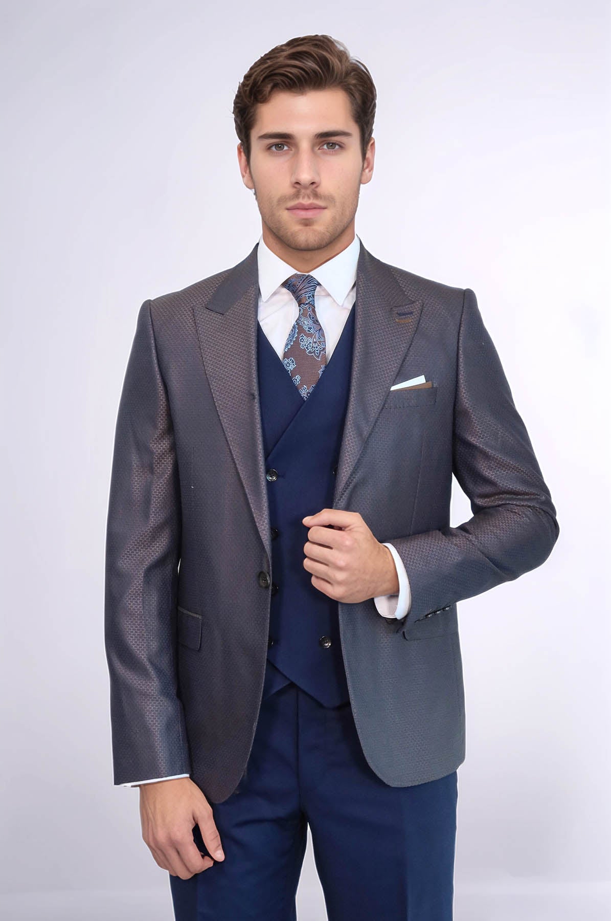 Patterned Navy Blue Brown Men Suit