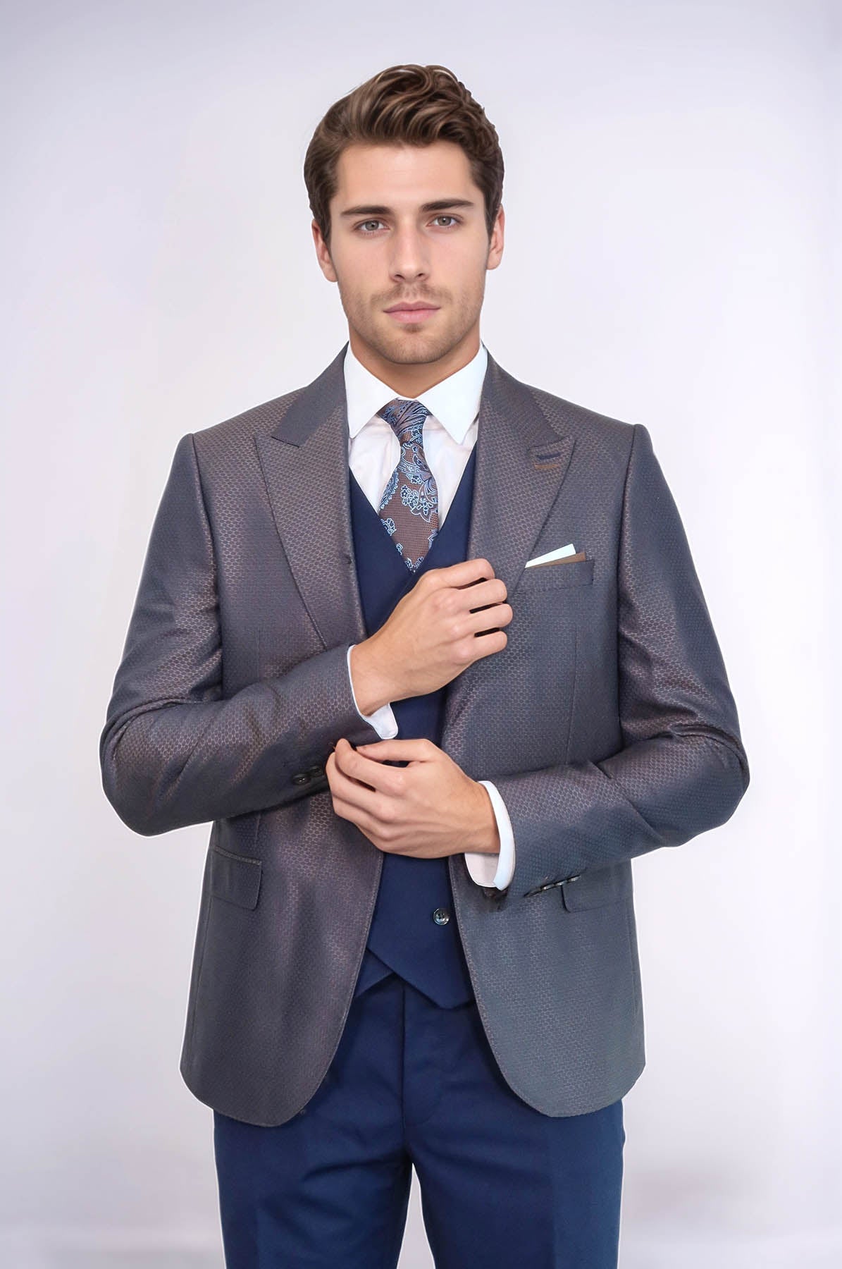 Patterned Navy Blue Brown Men Suit