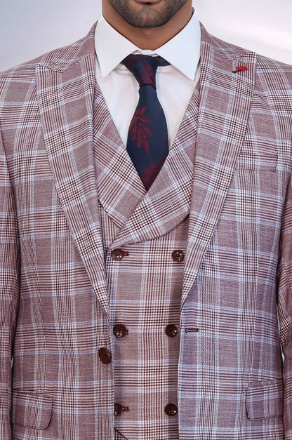 KOALA SYDNEY  Burgundy Plaid Vested Slim Fit Italian Suit -