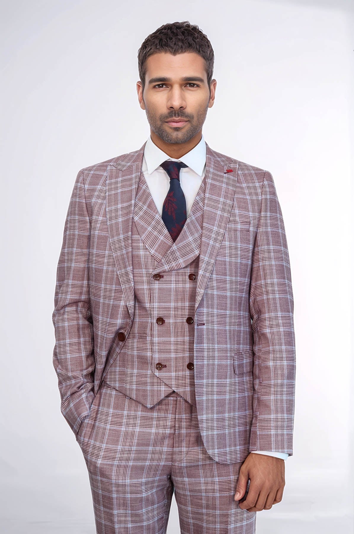 KOALA SYDNEY  Burgundy Plaid Vested Slim Fit Italian Suit -