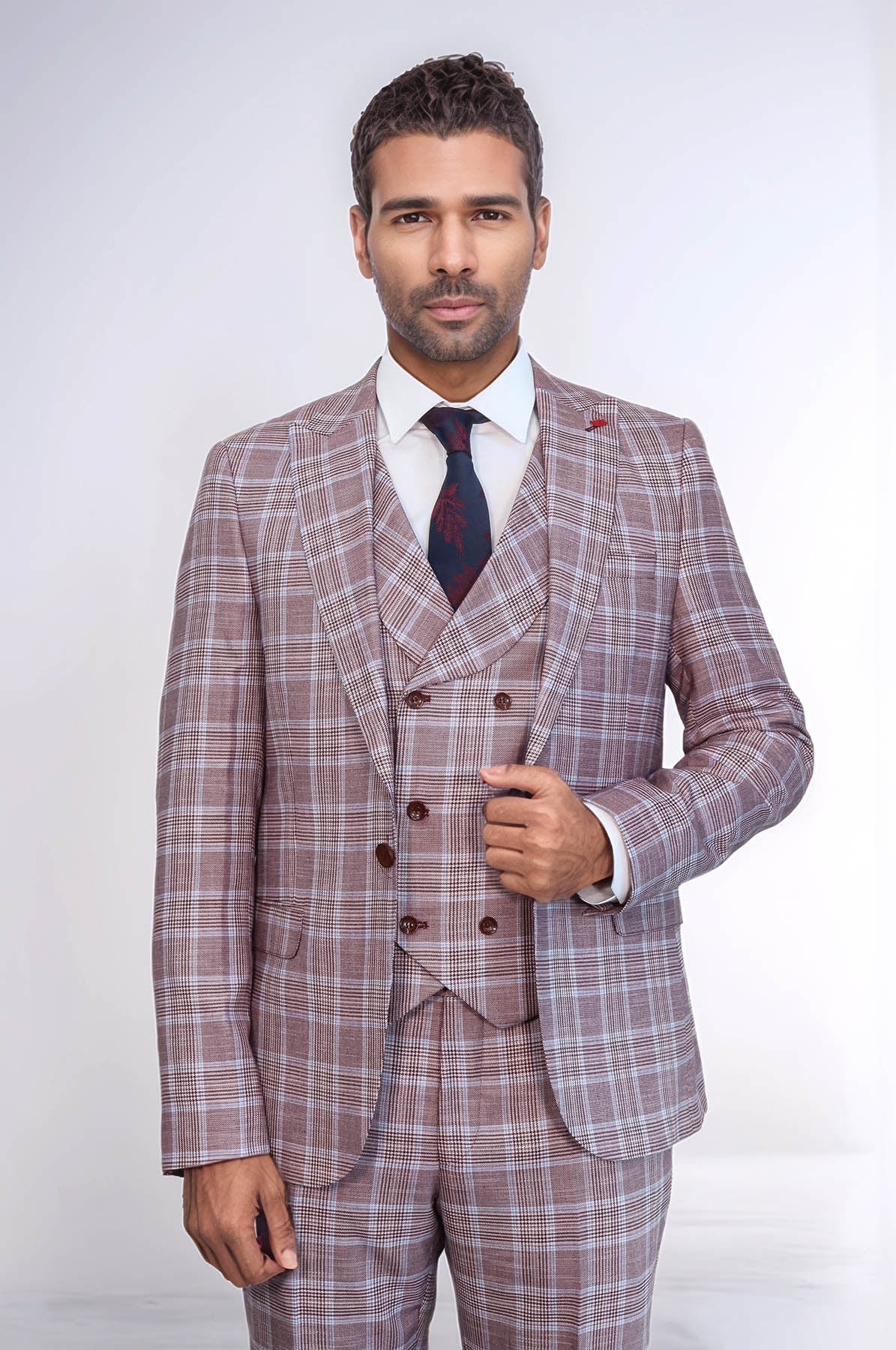 KOALA SYDNEY  Burgundy Plaid Vested Slim Fit Italian Suit -
