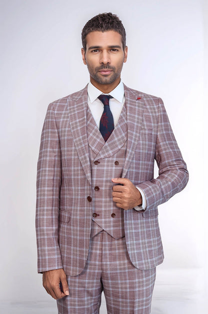 KOALA SYDNEY  Burgundy Plaid Vested Slim Fit Italian Suit -