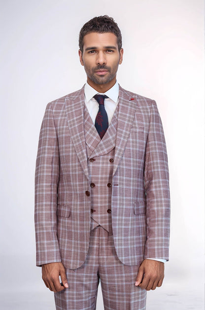 KOALA SYDNEY  Burgundy Plaid Vested Slim Fit Italian Suit -