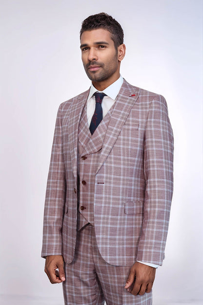 KOALA SYDNEY  Burgundy Plaid Vested Slim Fit Italian Suit -