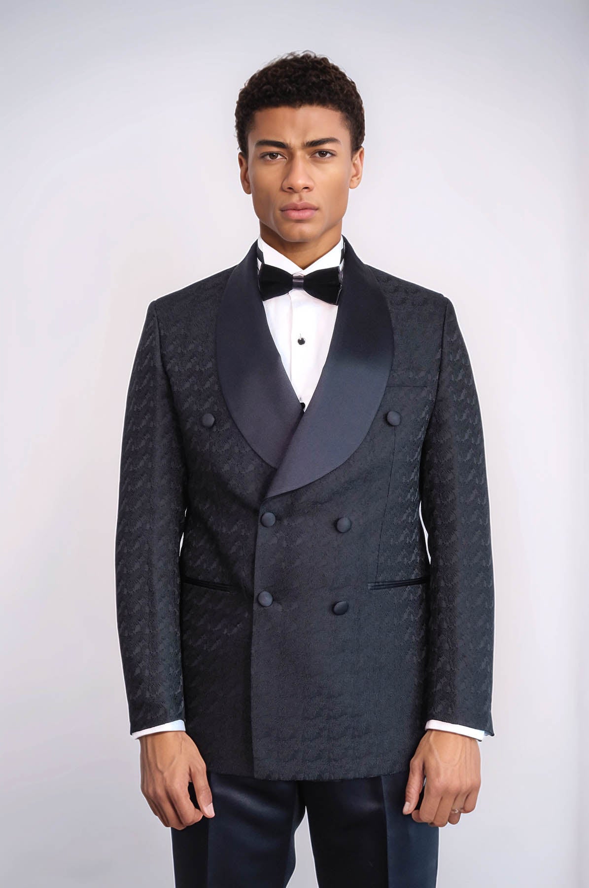 KOALA SYDNEY Satin Shawl Collar Patterned Double Breasted Black Men Tuxedo Suit