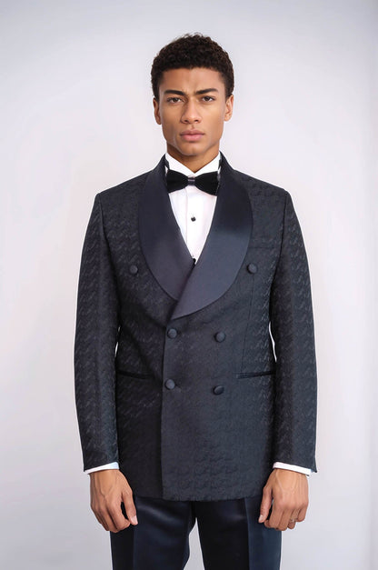 KOALA SYDNEY Satin Shawl Collar Patterned Double Breasted Black Men Tuxedo Suit