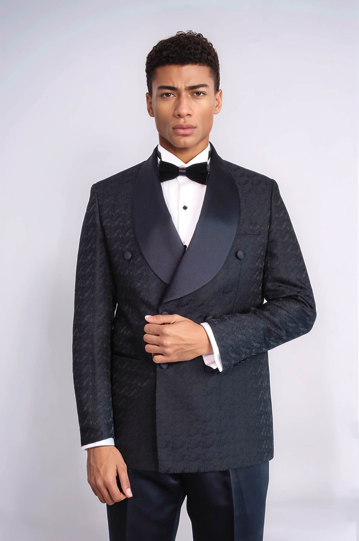 KOALA SYDNEY Satin Shawl Collar Patterned Double Breasted Black Men Tuxedo Suit