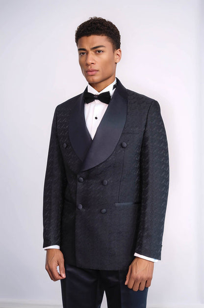 KOALA SYDNEY Satin Shawl Collar Patterned Double Breasted Black Men Tuxedo Suit