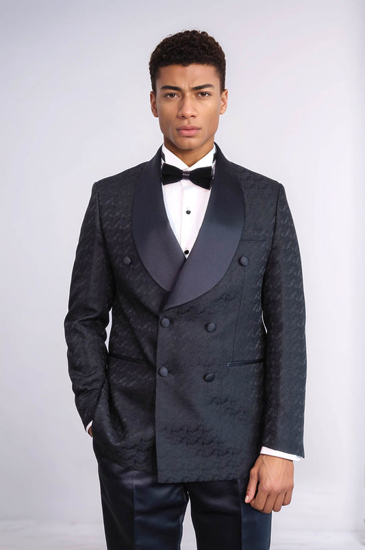 KOALA SYDNEY Satin Shawl Collar Patterned Double Breasted Black Men Tuxedo Suit