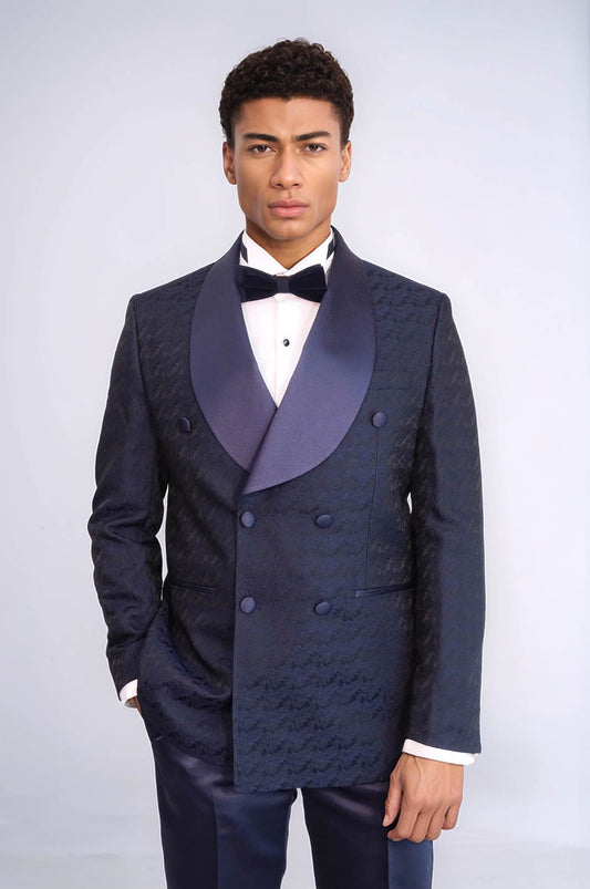 KOALA SYDNEY Satin Shawl Collar Patterned Double Breasted Navy Blue Men Tuxedo Suit