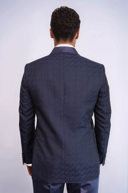 KOALA SYDNEY Satin Shawl Collar Patterned Double Breasted Navy Blue Men Tuxedo Suit