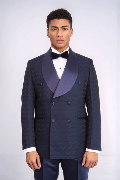 KOALA SYDNEY Satin Shawl Collar Patterned Double Breasted Navy Blue Men Tuxedo Suit
