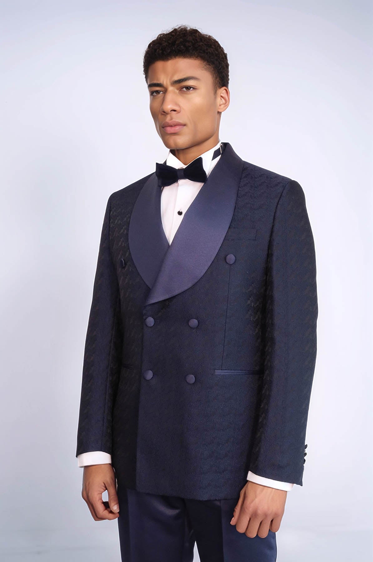 KOALA SYDNEY Satin Shawl Collar Patterned Double Breasted Navy Blue Men Tuxedo Suit