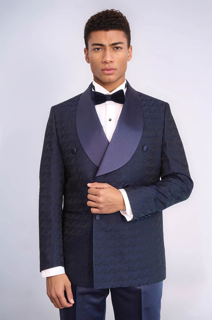 KOALA SYDNEY Satin Shawl Collar Patterned Double Breasted Navy Blue Men Tuxedo Suit