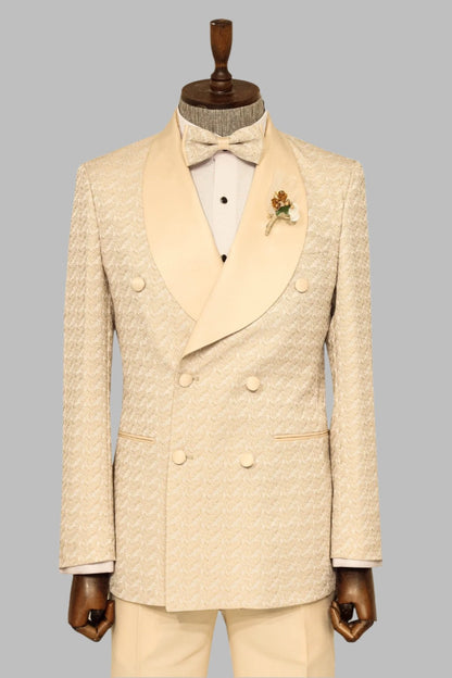 KOALA SYDNEY Satin Shawl Collar Patterned Double Breasted Champagne Men Tuxedo Suit