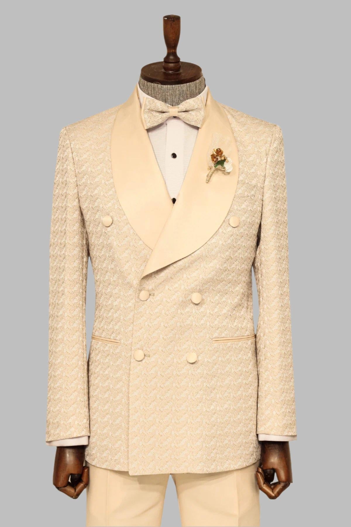 KOALA SYDNEY Satin Shawl Collar Patterned Double Breasted Champagne Men Tuxedo Suit