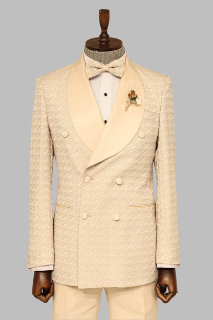 KOALA SYDNEY Satin Shawl Collar Patterned Double Breasted Champagne Men Tuxedo Suit
