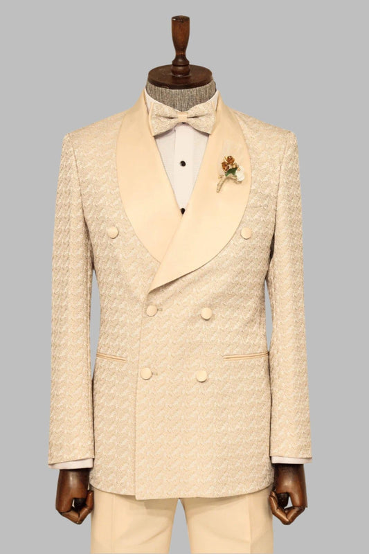 KOALA SYDNEY Satin Shawl Collar Patterned Double Breasted Champagne Men Tuxedo Suit