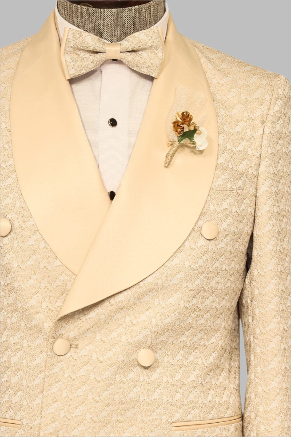 KOALA SYDNEY Satin Shawl Collar Patterned Double Breasted Champagne Men Tuxedo Suit