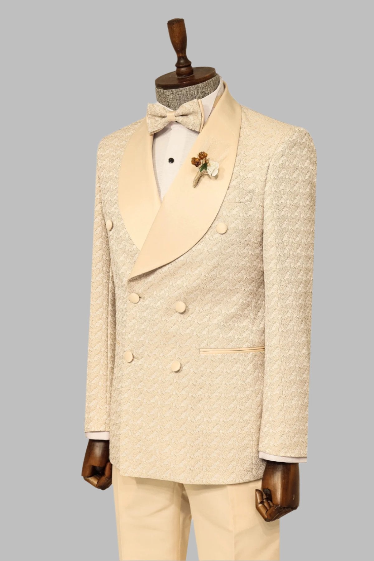 KOALA SYDNEY Satin Shawl Collar Patterned Double Breasted Champagne Men Tuxedo Suit