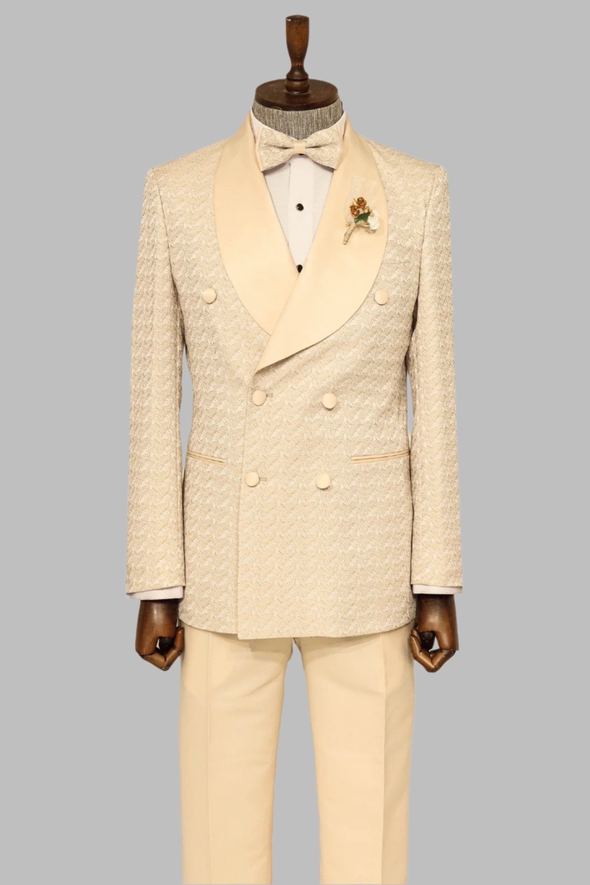 KOALA SYDNEY Satin Shawl Collar Patterned Double Breasted Champagne Men Tuxedo Suit