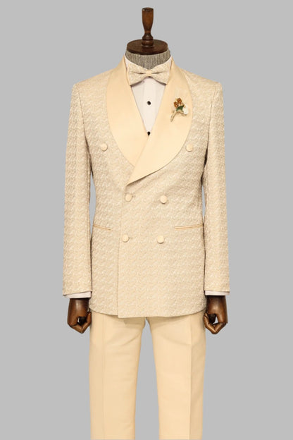 KOALA SYDNEY Satin Shawl Collar Patterned Double Breasted Champagne Men Tuxedo Suit